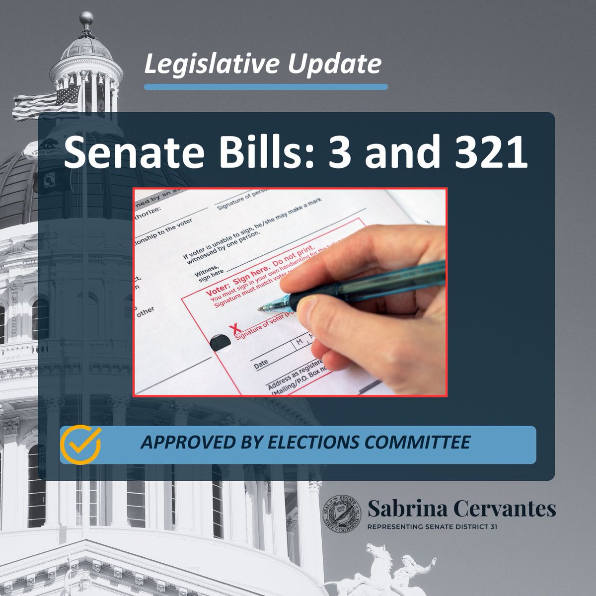Today, two of my bills related to election transparency – SB 3, Signature curing reform and election result updates; SB 321, Disclosure of post-Election Day signature curing expenditures – moved forward in the legislative process after approval from the Elections Committee. #SD31