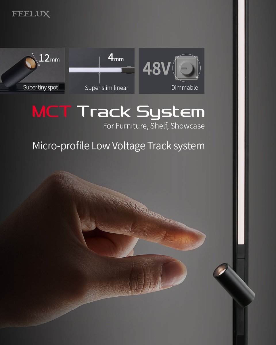 Feeluxglobal's tweet photo. Engineered for elegance, precision, and performance — the MCT Track System is a micro-profile, low-voltage lighting solution tailored for refined applications in furniture, shelving, and showcases. https://t.co/FH2sdiPqFh