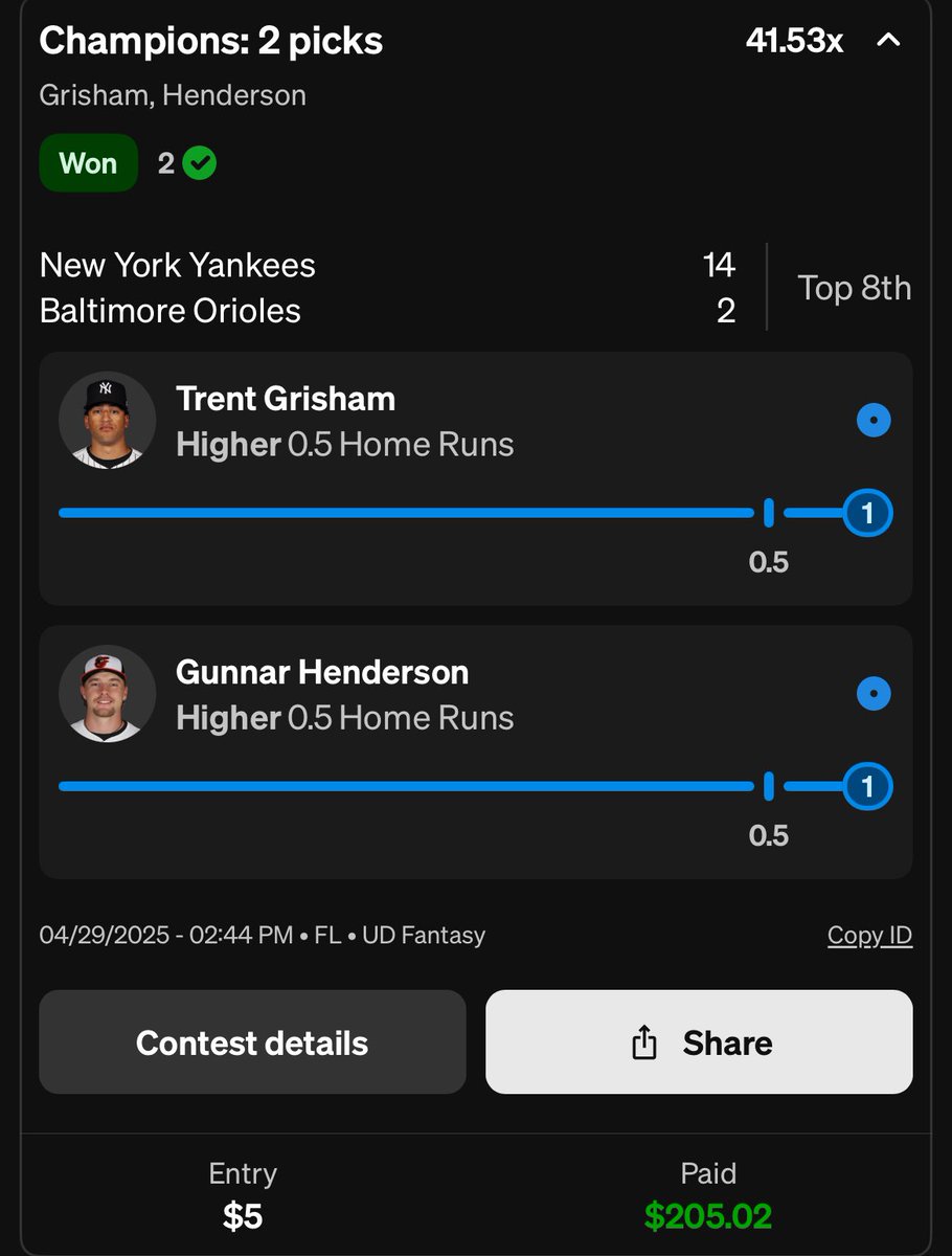 SharpEdgeSB's tweet photo. 🚀$5 ➡️ $205🚀 BANG✅

Home Run Parlay Cashes! 🚀⚾️

Was posted on discord first! (link in bio)

S/O @prop_professor 

#UnderdogFantasy #homerunparlay #homerun #underdogstreaks #PrizePicks #mlb #MLBBets #SportsGamblingX #SportsBettingX https://t.co/pXztxCmdaT
