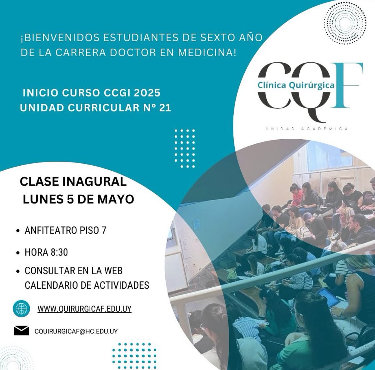 La UA Clínica Quirúrgica F le da la bienvenida a los estudiantes de 6to año. Damos inicio a un nuevo capítulo de aprendizaje y práctica de la medicina. Calendario de actividades en la web