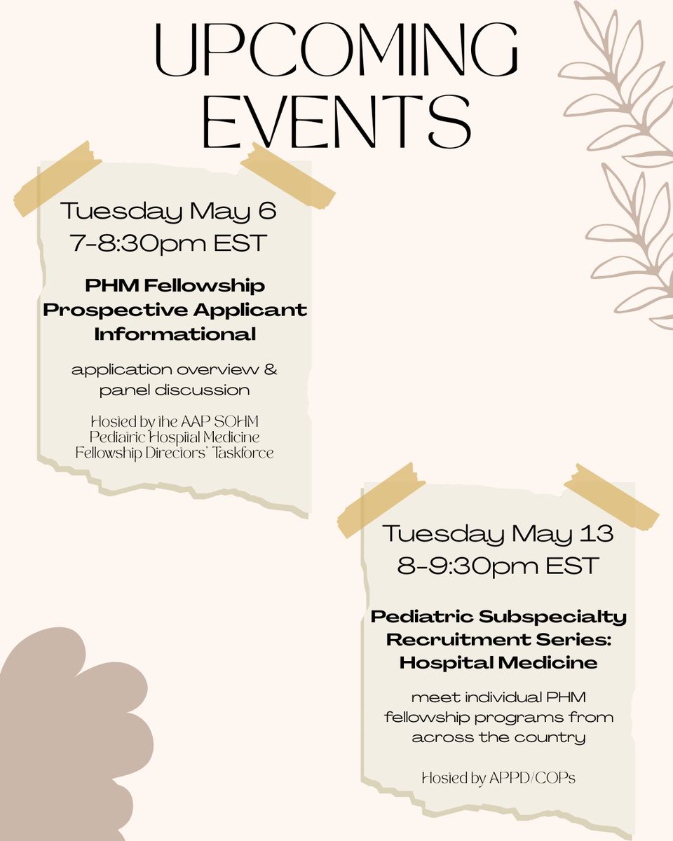 Check out these upcoming events for PHM fellowship applicants!
Register here: 

PHM Fellowship Prospective Applicant Informational: zoom.us/meeting/regist…

Pediatric Subspecialty Recruitment Series: zoom.us/meeting/regist…