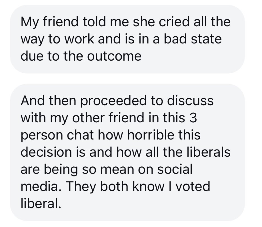 Sarahattack1's tweet image. A friend of mine is having troubles in her 3 person group chat. I find it ironic that conservatives manage to be both the victims and the bullies.