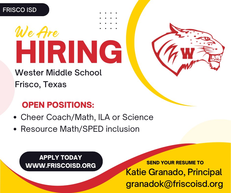 Wester Middle School (@westerwildcats) on Twitter photo Come join the Wester Family! <a href="/friscoisdHR/">FISD Human Resources</a> Come join the Wester Family! <a href="/friscoisdHR/">FISD Human Resources</a>