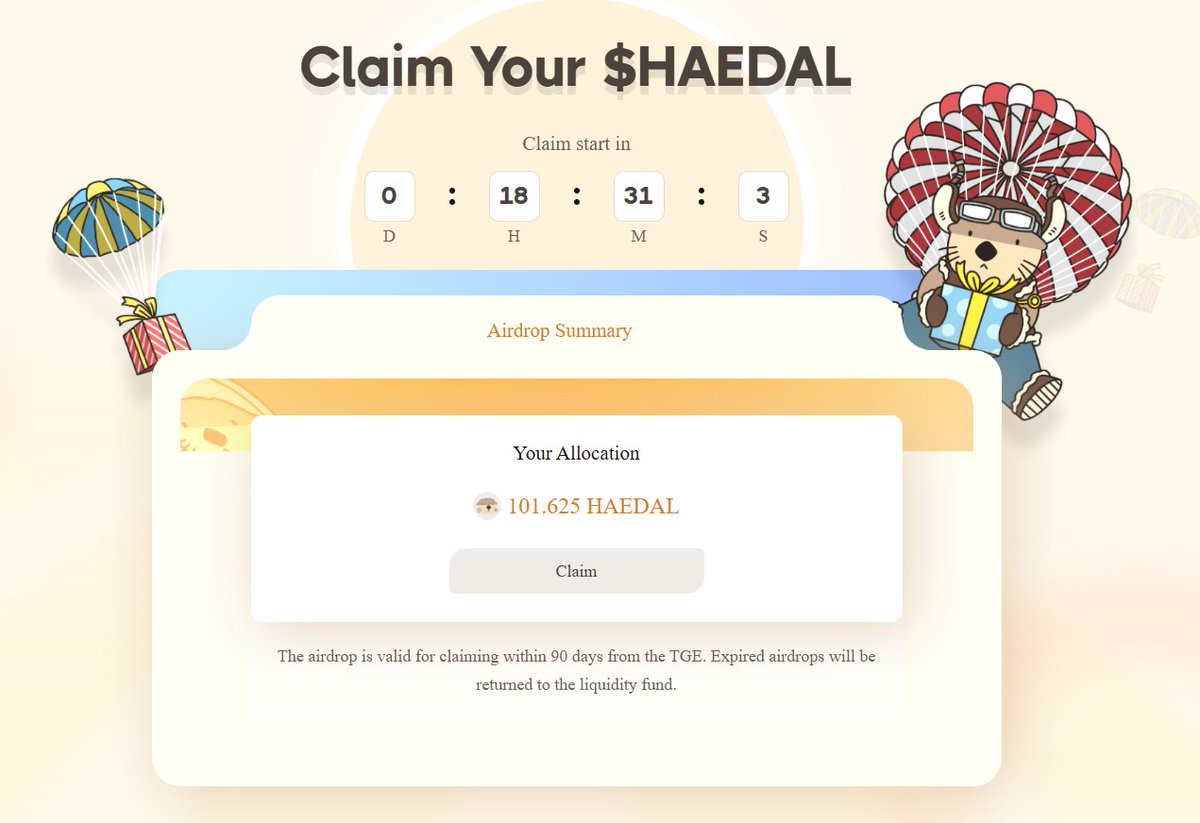Haedal 空投已經到達！給 Sui 社群的禮物！

您現在可以檢查您是否符合 $HAEDAL 空投的資格：
haedaI.io/airdrop

自 4/29, 12 PM UTC 起領取

$HAEDAL 總供應量的5%在#Sui生態系統中最大的一次空投中分發。

您符合資格嗎？
活躍的社群（MOD、創作者、大使）
Haedal 產品使用者 (haSUI, haWAL,