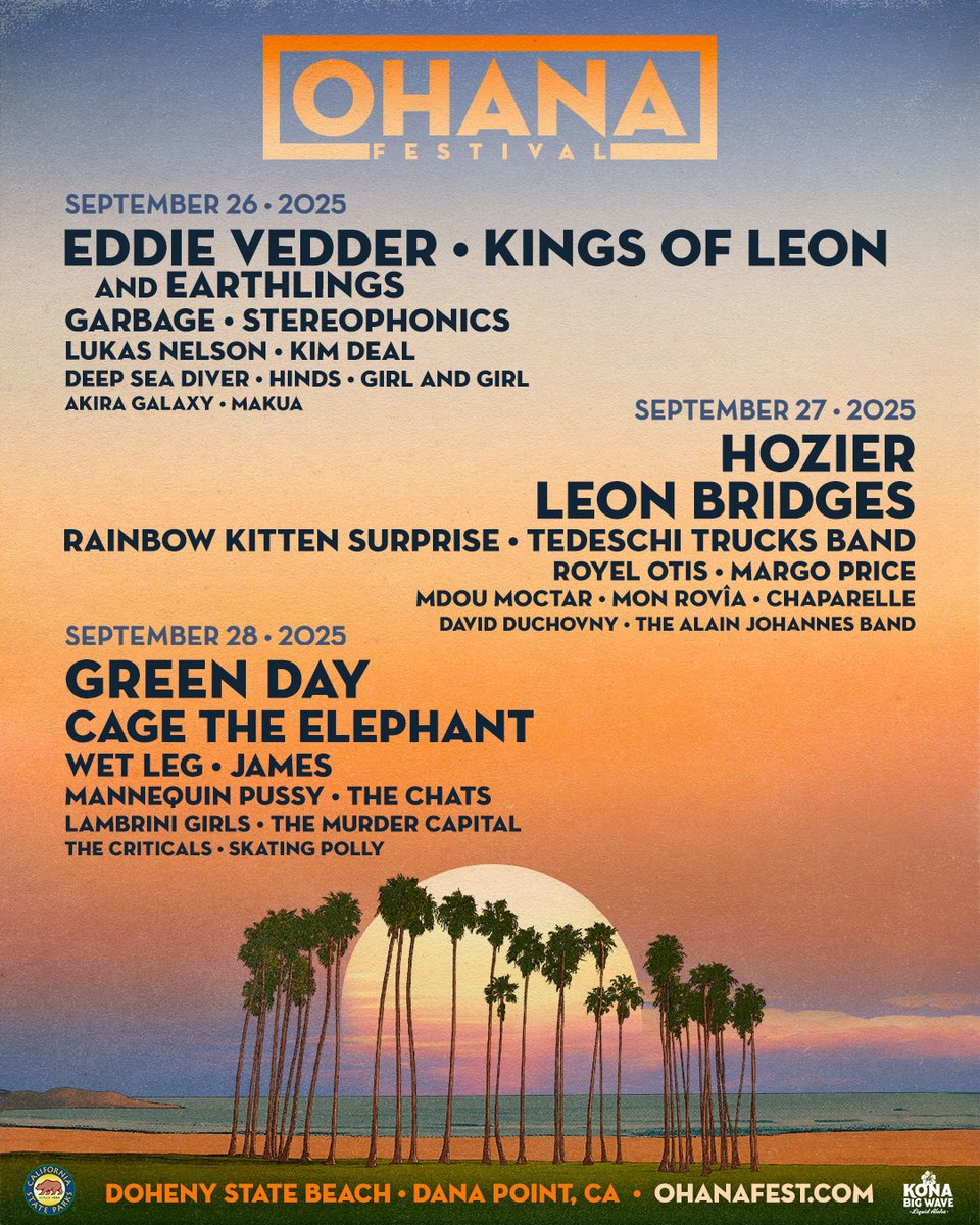 showbams's tweet image. .@TheOhanaFest lands on @eddievedder and Earthlings, @KingsOfLeon, @Hozier, @leonbridges, @GreenDay &amp;amp; @CageTheElephant for ninth year #OhanaFest // bit.ly/4lT3Clr