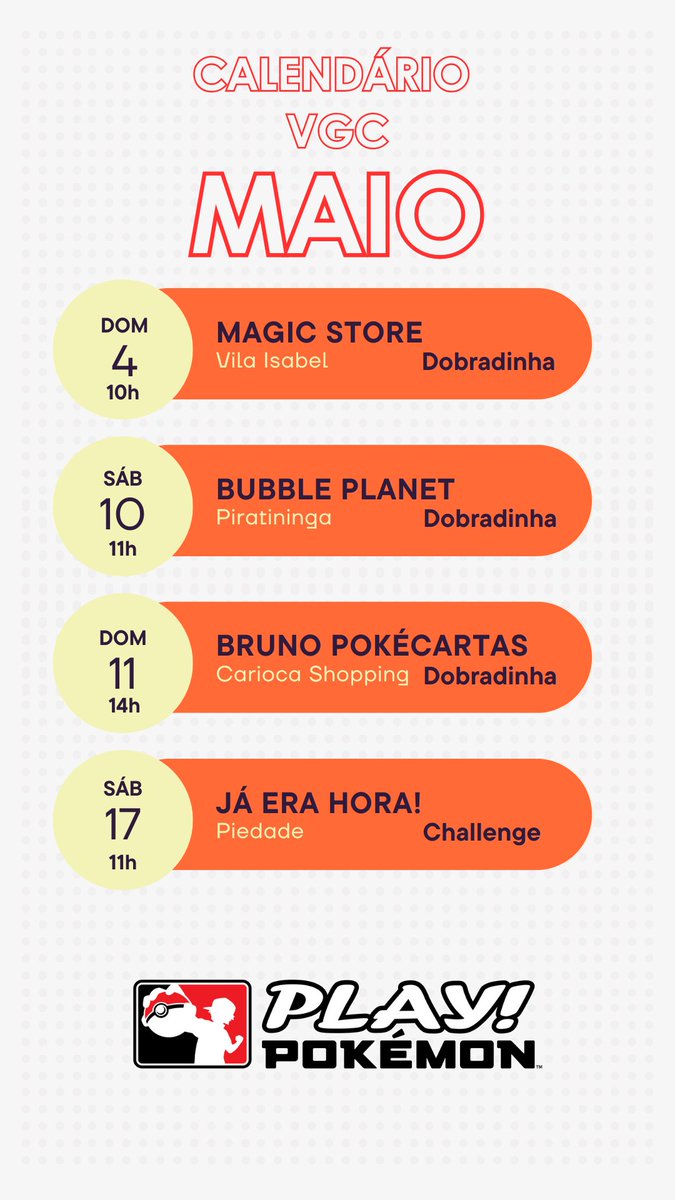 👋 Adeus, Regulation G! E que comece uma nova temporada! ⚔️🔥

Já está no ar o calendário de VGC do Rio de Janeiro!
Venha competir, ganhar prêmios e buscar seu lugar no Top 50 LATAM! 🏆🌎
A jornada continua — bora pra cima, treinadores! 🎮💪
#PokemonVGC #Pokemon #PlayPokemon