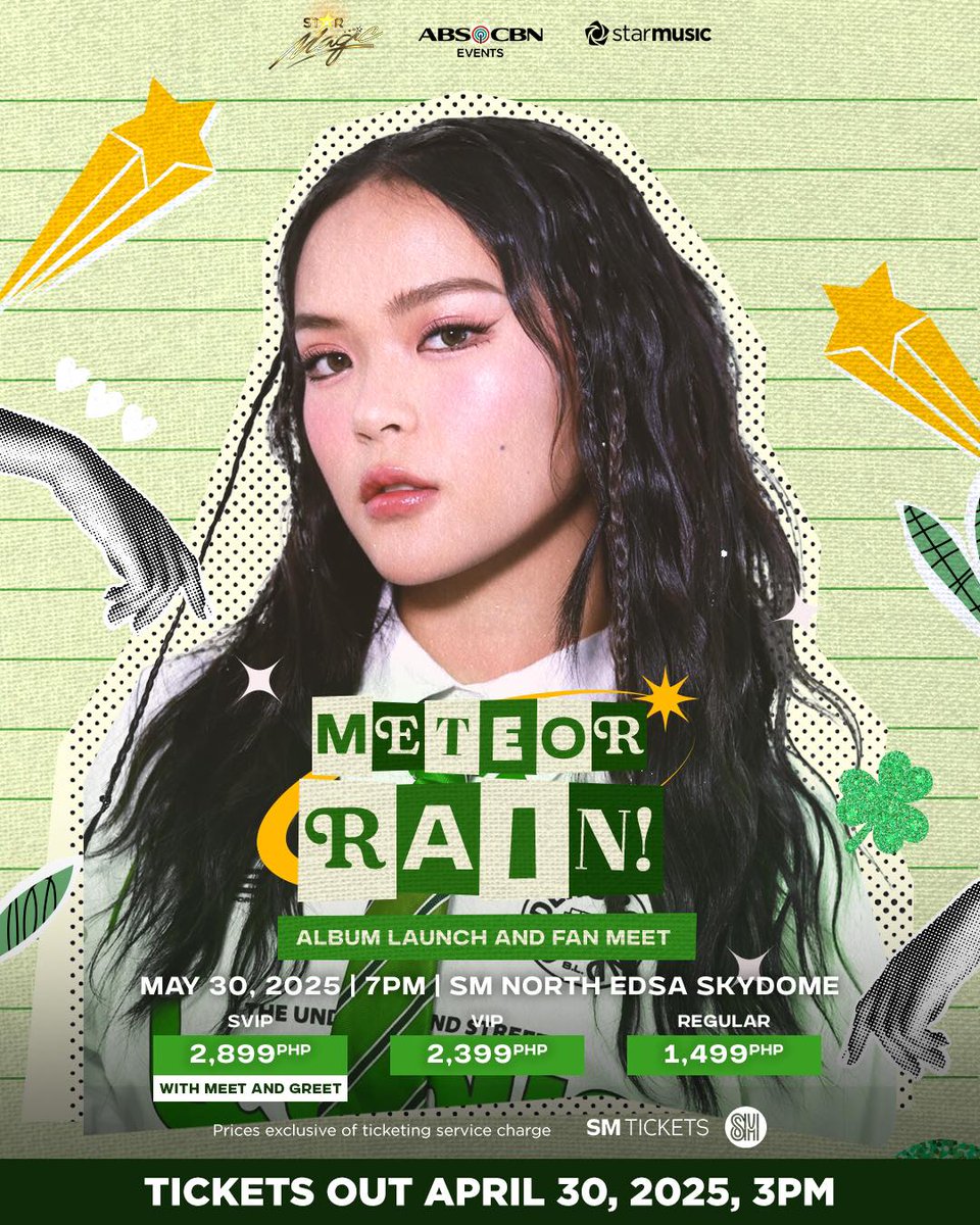 ABSCBNNews's tweet photo. ATTENTION, RAIN AND KOLETTE FANS! 💚🤎

“Pinoy Big Brother” Gen 11 alumni Rain Celmar and Kolette Madelo are set to meet their fans face-to-face in back-to-back events celebrating the release of their solo albums.

Rain will headline “METEOR RAIN” on May 30, while Kolette follows with “CALL ME KOLETTE” on June 1. Both events will be held at the SM North EDSA Skydome.

Tickets for the fan meet and album launch events will go on sale at 3 p.m. on Wednesday, April 30, with prices ranging from P1,499 to P2,899.

(📸Star Music)