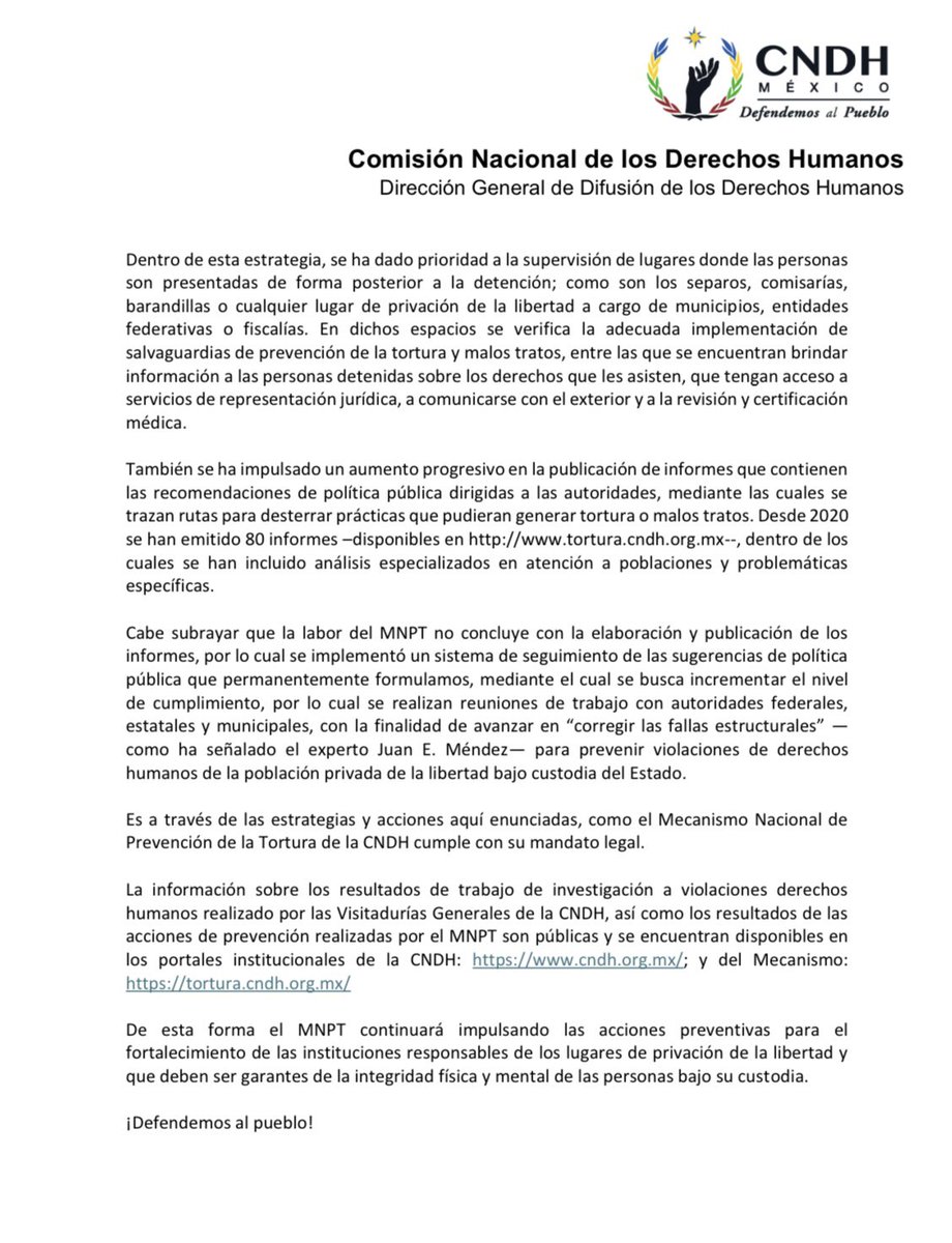 CNDH's tweet photo. El #MNPT de la CNDH responde con datos a los cuestionamientos sobre su impacto en la prevención de la tortura en México, a partir del artículo publicado por @angelicadelap en @elsolde_mexico. 

Más información: https://t.co/nvlf54pHzN

#DefendemosAlPueblo. https://t.co/cwCt4YRuSt