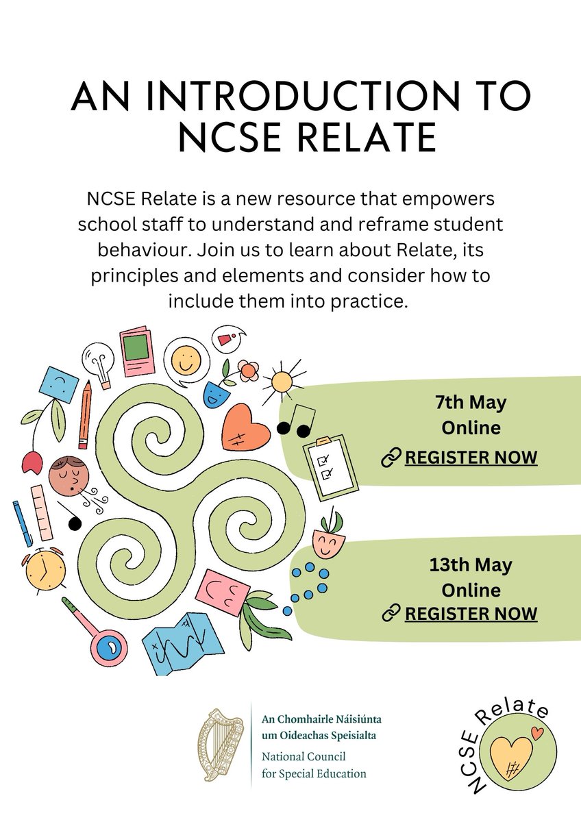 ncseirl's tweet image. Teachers, Join us for a short, but dynamic, seminar on Introduction to NCSE Relate on 7th May or 13th May.
For more information and to register shorturl.at/6ZtBz (7th May)
shorturl.at/rpfoS(13th May)
A Mhúinteoirí, bígí linn le haghaidh seimineár gearr ach dinimiciúil…