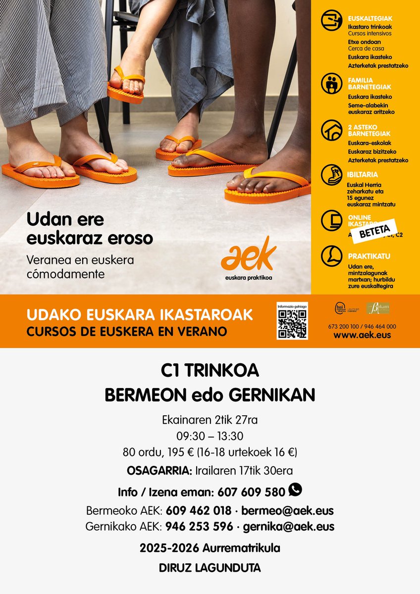Ekainean #EuskaraErosoBizitzeko etorri euskaltegira, C1 Gernikan edo Bermeon goizez, 80 orduko ikastaroa. Info: 607 609 580