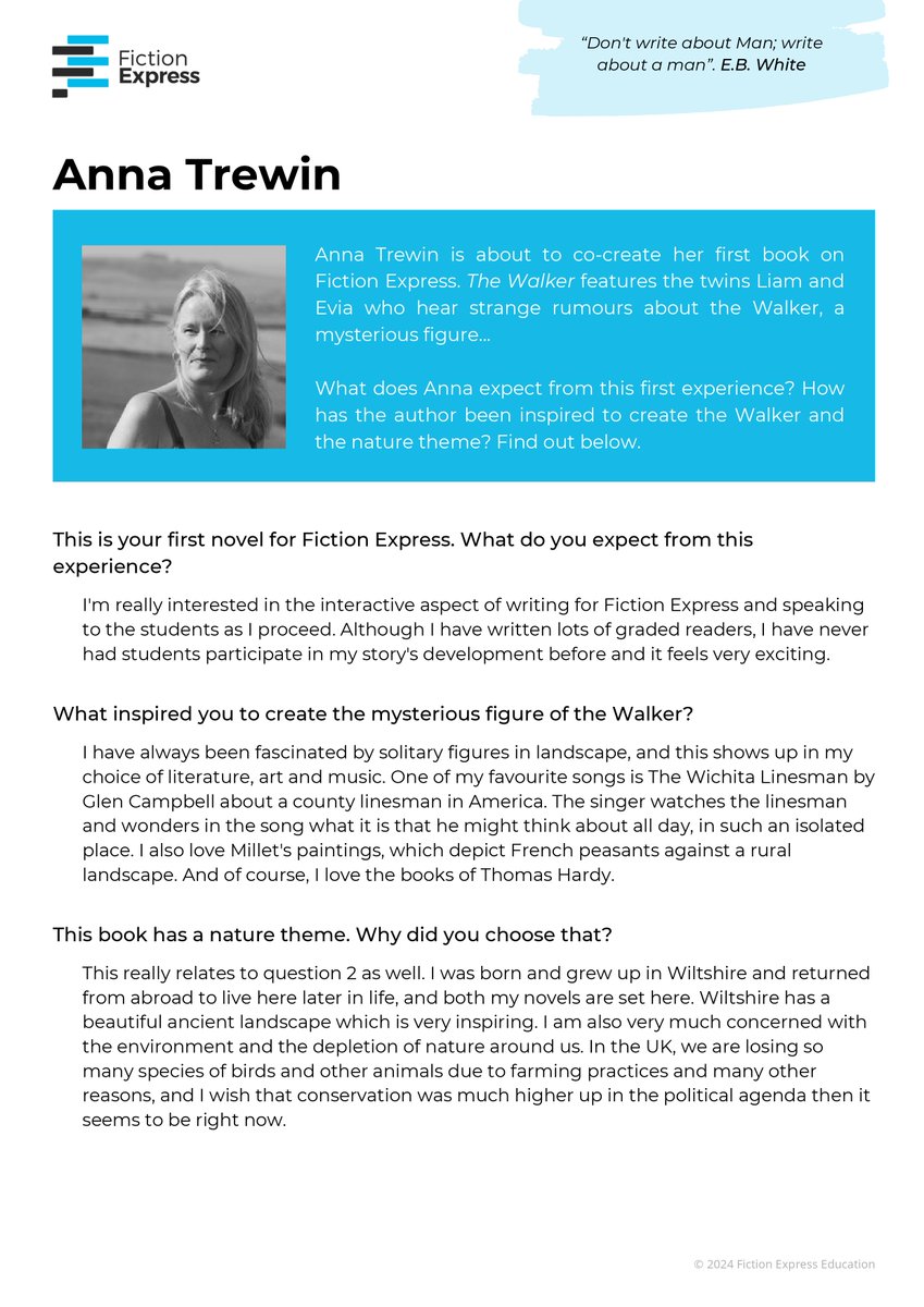 📚 “The Walker” is the first #AnnaTrewin co-created book on #FictionExpress.

What does Anna expect from this first experience? Find out below 👇

💬 “Don't write about Man; write about a man”. E.B. White