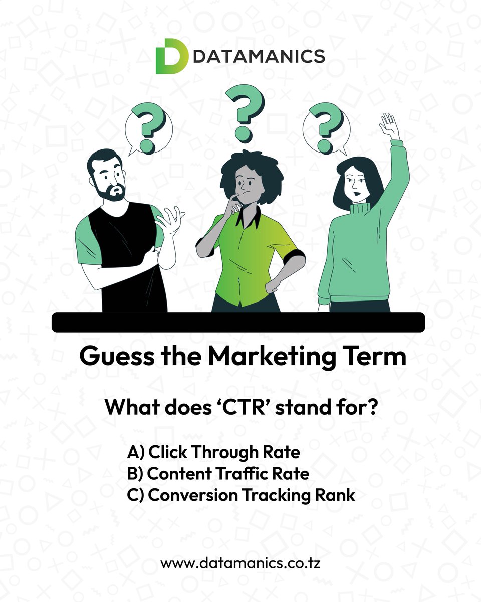DataManics's tweet image. Time for a Digital Marketing Quiz! Drop your answers in the comments!

📞 Contact us today
🌐 datamanic.co.tz
☎️ +255 764 263 264

#Funmarketing #Marketingtrivia #EngagewithUs #Datamanics
