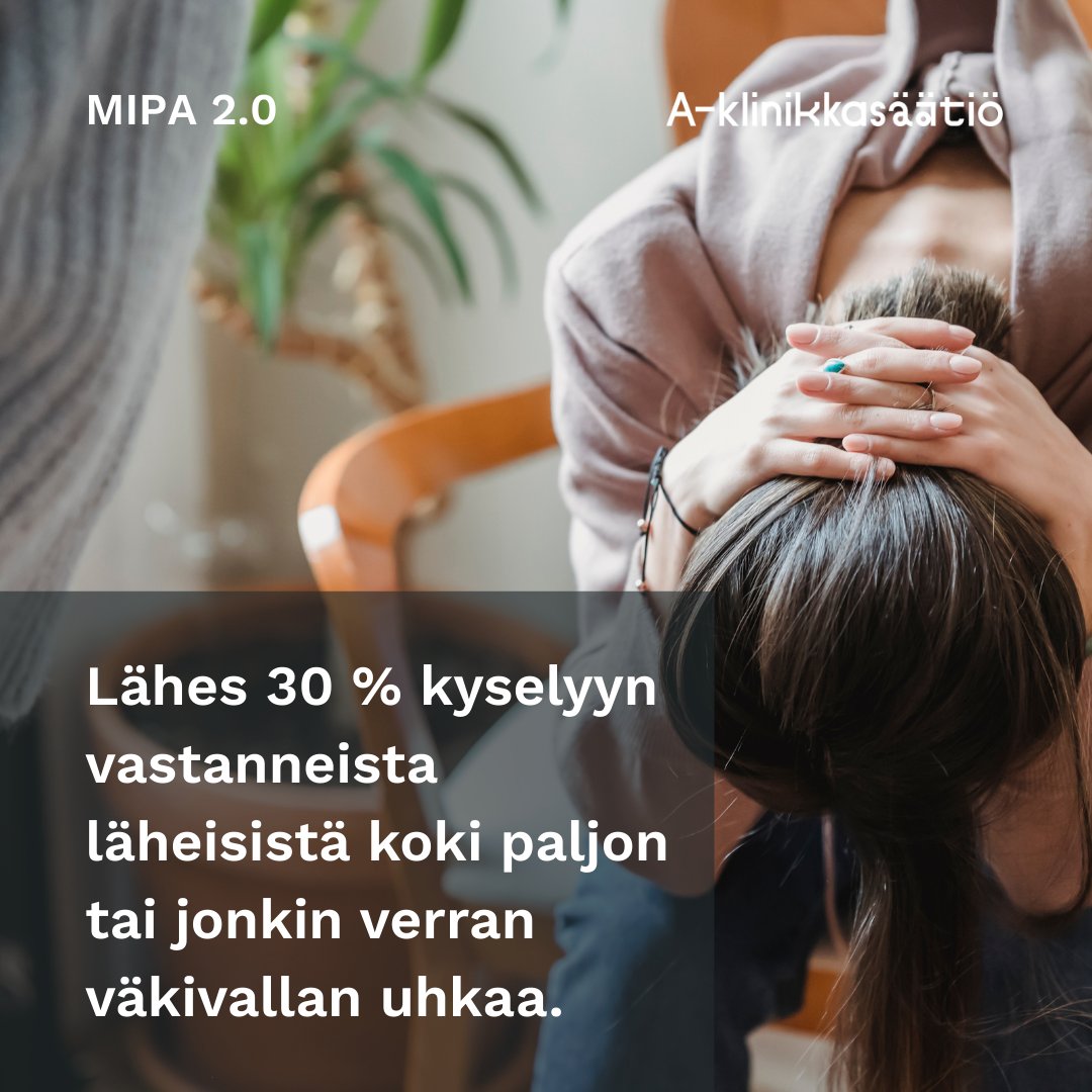 Läheistenpäivän 5.5. teema on ”Ole turvassa”.
<a href="/MIPAverkosto/">MIPAverkosto</a> kyselyssä lähes 30 % läheisistä kertoi perheenjäsenen päihteidenkäytön aiheuttavan elämässään paljon tai jonkin verran väkivallan uhkaa. 

Lue lisää: a-klinikkasaatio.fi/uutiset/vakiva…

#OleTurvassa #MyösLäheiset #läheistenpäivä