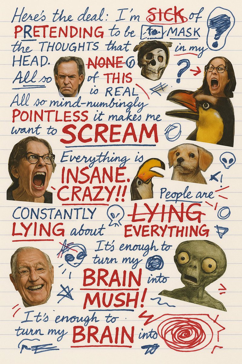 samim's tweet photo. Still one of the most fun GPT-4o image prompts for #ComputationalComedy:

"Write an unhinged monologue of your real thoughts in fountain pen blue ink, on it scrawl corrections in marker pen, they are unhinged, there are doodles and weird oddities scrawled, you cut out and stick on lots and lots of photo extracts from magazines to show the point!!! sometimes you write on them too"