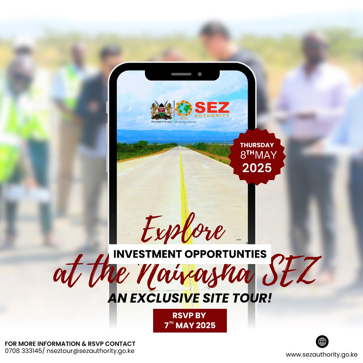 Special Economic Zones Authority (SEZA) (@sezauthority_ke) on Twitter photo EXCLUSIVE INVESTOR SITE TOUR – #NAIVASHASEZ
Join us on Thursday, 8th May 2025 at 10:00 a.m. for a unique opportunity to explore the Naivasha Special Economic Zone!
#Discover first-hand investment opportunities while gaining insights into #SEZ strategic advantages and #incentives EXCLUSIVE INVESTOR SITE TOUR – #NAIVASHASEZ
Join us on Thursday, 8th May 2025 at 10:00 a.m. for a unique opportunity to explore the Naivasha Special Economic Zone!
#Discover first-hand investment opportunities while gaining insights into #SEZ strategic advantages and #incentives