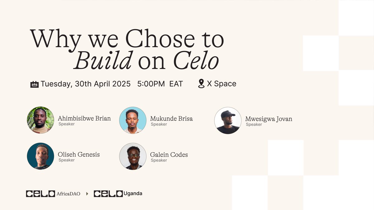 Celo Uganda 🇺🇬 (@celouganda) on Twitter photo Join us today at 5:00PM EAT for an interesting conversation with founders sharing why they choose to build on <a href="/Celo/">Celo.eth/acc 🦇 🌳</a> 🛠️
Let’s talk impact, ecosystem support, and real use cases w/ <a href="/CeloAfricaDao/">Celo Africa DAO</a> <a href="/saint_brisa/">Brisa 🌱🌍</a> <a href="/real_joova/">joova</a> <a href="/illmindofbanana/">Oliseh Genesis 𖢻 🇺🇬</a> <a href="/GalienMuhindo/">GalienCodes</a> 🙌
🎙️Set a reminder here: Join us today at 5:00PM EAT for an interesting conversation with founders sharing why they choose to build on <a href="/Celo/">Celo.eth/acc 🦇 🌳</a> 🛠️
Let’s talk impact, ecosystem support, and real use cases w/ <a href="/CeloAfricaDao/">Celo Africa DAO</a> <a href="/saint_brisa/">Brisa 🌱🌍</a> <a href="/real_joova/">joova</a> <a href="/illmindofbanana/">Oliseh Genesis 𖢻 🇺🇬</a> <a href="/GalienMuhindo/">GalienCodes</a> 🙌
🎙️Set a reminder here: