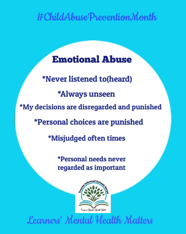 traumasch_kenya's tweet image. #MakingImpact
#ChildAbusePreventionMonth
The last type of abuse in Adverse Childhood Experiences, is Emotional abuse: when children are not heard(listened to) not seen, not valued.
Emotional abuse lead to hopelessness, poor self esteem and lack of self awareness
#CreateAwareness