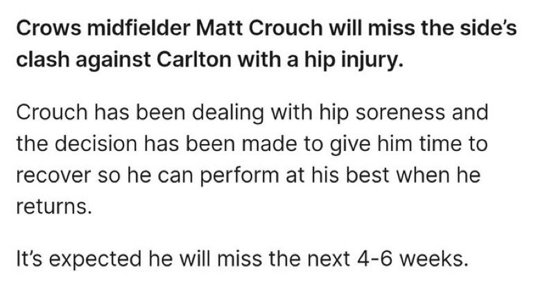 Matt Crouch out 4-6 weeks! 

✅ Sid Draper ($168,900 MID) with a Breakeven of 87! 👀 #SuperCoach 

As mentioned on the #SwordplayPod last night, and our Rookie Data Dump, could Draper be our rookie saviour this week for those wanting to go early, or next week! 👀🤔