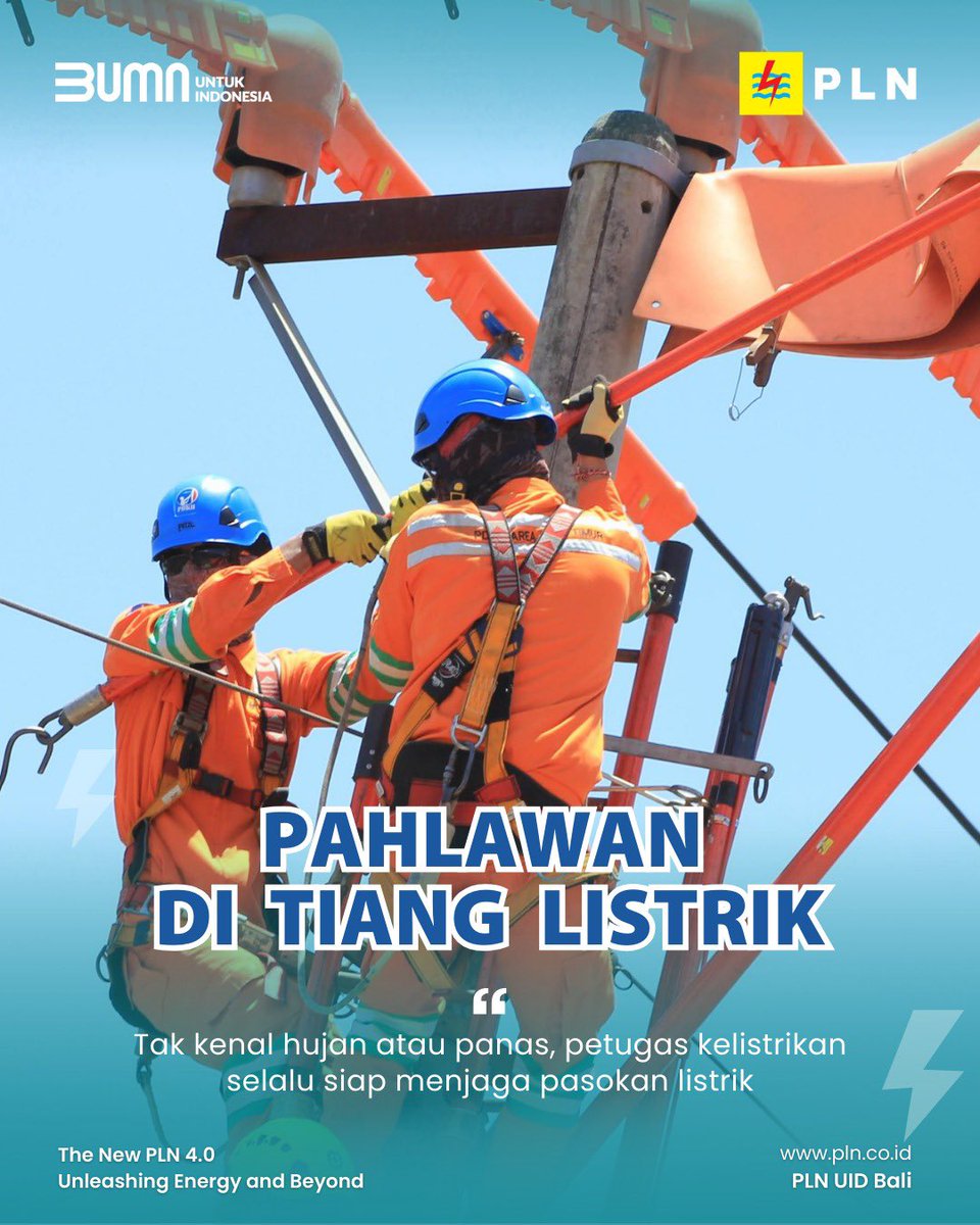 achiecharming's tweet image. Semeton Electrizen, 
Kenali pahlawan di balik listrik kita! 🦸⚡
Mereka bekerja di ketinggian, tak peduli hujan atau terik, demi pastikan listrik tetap menyala.
Salut untuk dedikasi para pekerja listrik! 💙
#PLNUIDBali#PLN #PLNuntukIndonesia #SwasembadaEnergi #PahlawanKelistrikan
