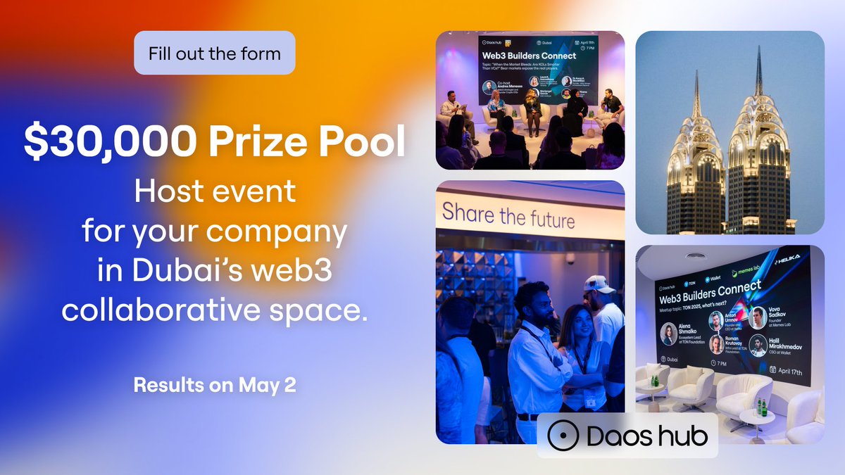 Win $30,000 to host your own event at Dubai 🎤🥂

Daos is the collaboration hub for the Web3 startup community.

What’s included:
• 4-hour event
• Drinks, catering, photo/video team
• Hostess, branded badges
• Venue for 200 people with a view of Palm Jumeirah

✅ How to join: