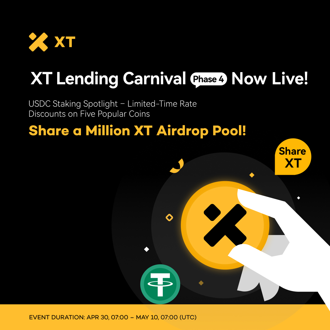 🚀 XT Lending Carnival Phase 4 Now Live! $USDC Staking Spotlight – Limited-Time Rate Discounts on Five Popular Coins, Share a Million XT Airdrop Pool!

⏰ Apr 30, 07:00 – May 10, 07:00 (UTC)

🎯 Join Now: xt.com/en/finance/loa…

𝘿𝙀𝙏𝘼𝙄𝙇𝙎 ⤵️
xtsupport.zendesk.com/hc/en-us/artic…

#XT