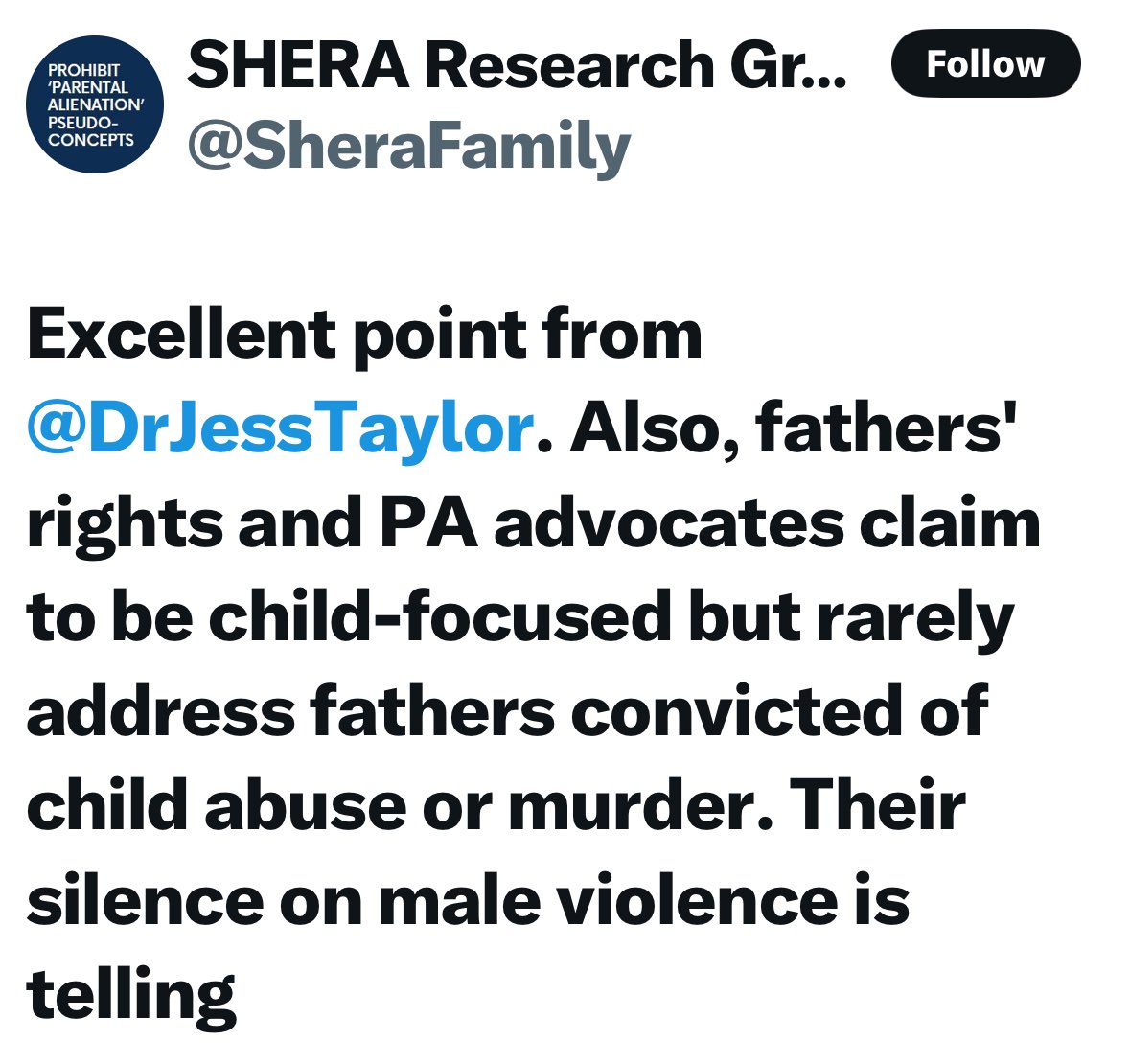 I love the smell of hypocrisy in the morning...

Being lectured on ‘silence’ by a group that actively denies male victims and never discusses female-perpetrated abuse is quite something.

Nothing says “child-focused” like ignoring half the problem!