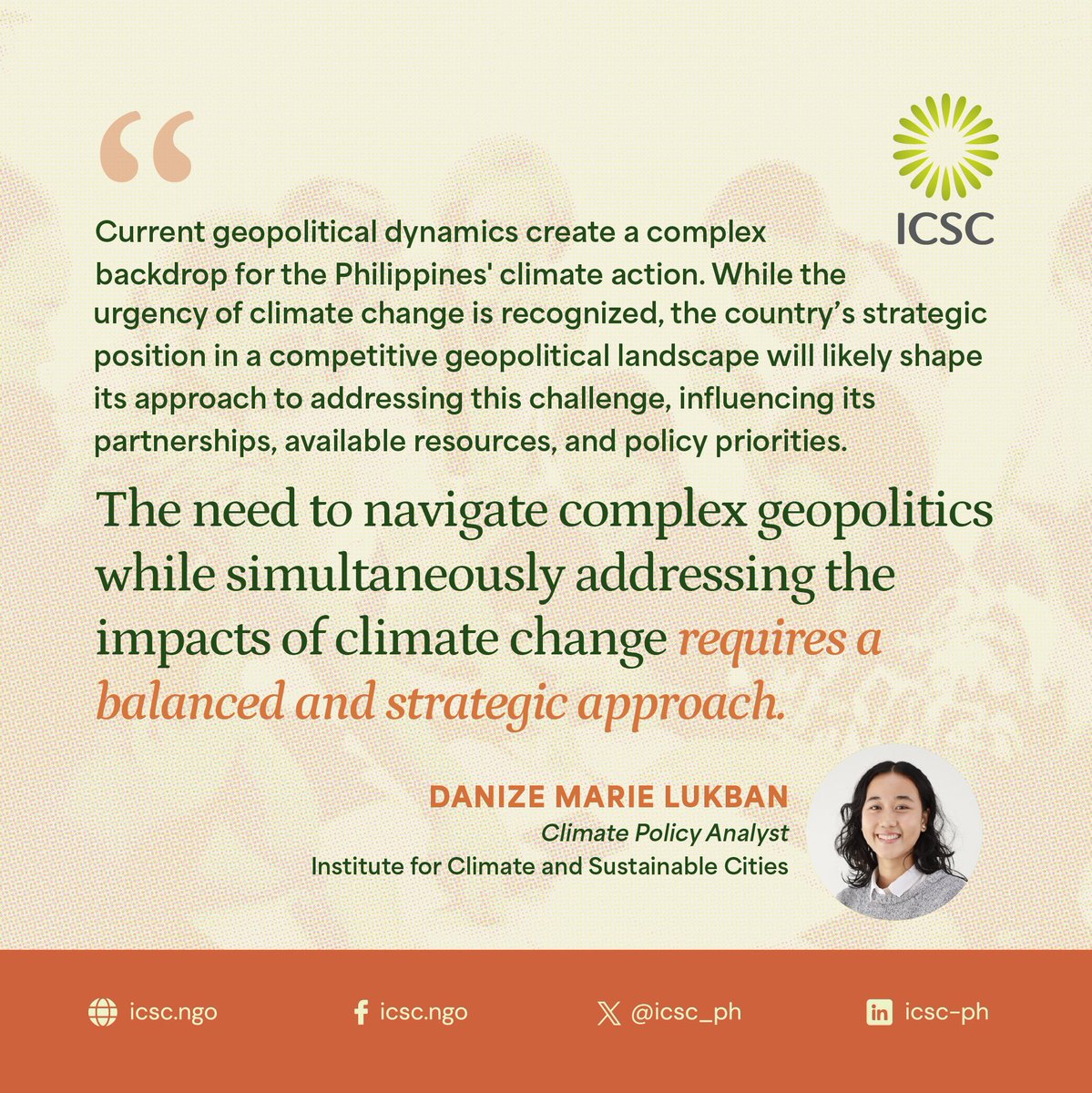 Speaking at the webinar “10 Years of Paris Agreement: Advancing Climate Commitments in An Evolving Geopolitical Landscape”, ICSC Climate Policy Analyst Danize Lukban details the challenges and opportunities in accelerating #ClimateAction in the Philippines and Southeast Asia,