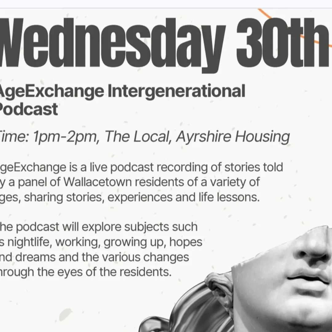 Working For Wallacetown (@wallacetownh) on Twitter photo AgeExhange Podcast today in the Local Ayrshire Housing, Main Street Ayr - 1pm to 2pm with <a href="/theirisayr/">The Iris Ayr</a>
Come along and enjoy a trip down memory lane sharing experiences of life during a golden era.
This is a free to attend event, tea/coffee refreshments will be provided. AgeExhange Podcast today in the Local Ayrshire Housing, Main Street Ayr - 1pm to 2pm with <a href="/theirisayr/">The Iris Ayr</a>
Come along and enjoy a trip down memory lane sharing experiences of life during a golden era.
This is a free to attend event, tea/coffee refreshments will be provided.