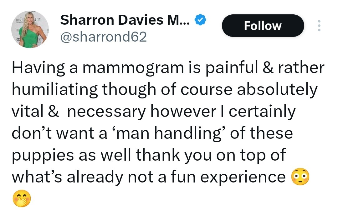 Women please do not listen to Sharron Davies.
I'm not denying a mammogram can be painful to some but it's not humiliating &amp; can save your life.
Using her silly analogy I guess men shouldn't by gynaecologists, midwives and obstetricians either.
Please don't skip your mammogram 🙏🏾