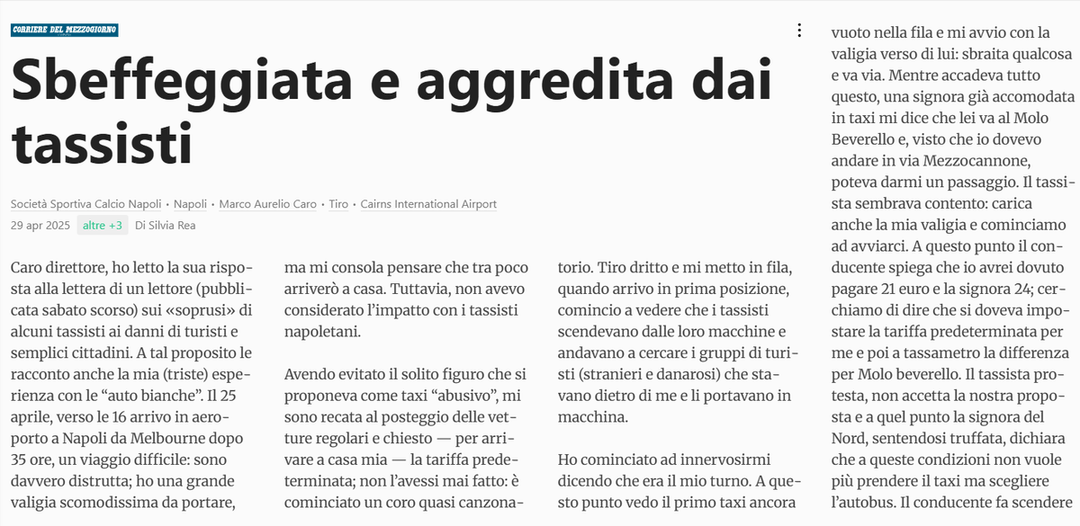 AndreaGiuricin's tweet photo. Ricordo che a Napoli i tassisti dichiarano circa 850 euro LORDI al mese.
E i cittadini (e turisti) vengono trattati in questo modo assurdo?
Questa storia, raccontata ieri sul Corriere del Mezzogiorno, mostra perchè ci vuole una riforma #taxi #NCC ora! https://t.co/j0dv0DmWVT