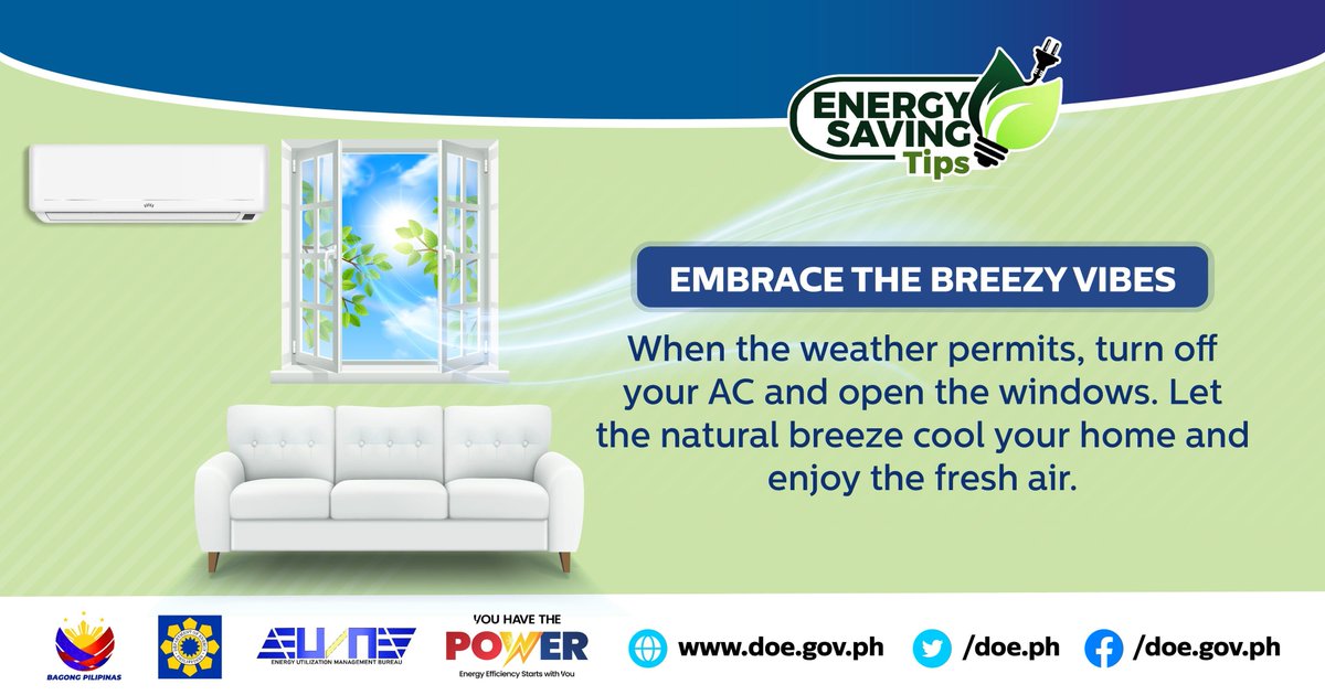 magic891davao's tweet photo. Be the magic! Here is a public service announcement in partnership with the Department Of Energy.

Energy Saving Tip # 5:
Turn off your aircon and enjoy the refreshing breeze and savor the fresh air. It's time to cool down the eco-friendly way! #Youhavethepower https://t.co/hukKcugOdq