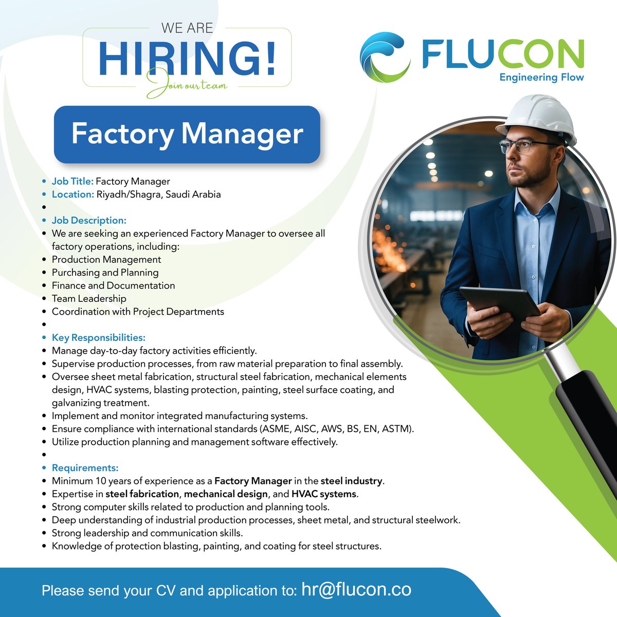 🚀 We're hiring a Factory Manager!

Join our team at FLUCON and take the lead in a dynamic steel manufacturing environment.
 Think you're the right fit — or know someone who is?
 📩 Share or tag them below!