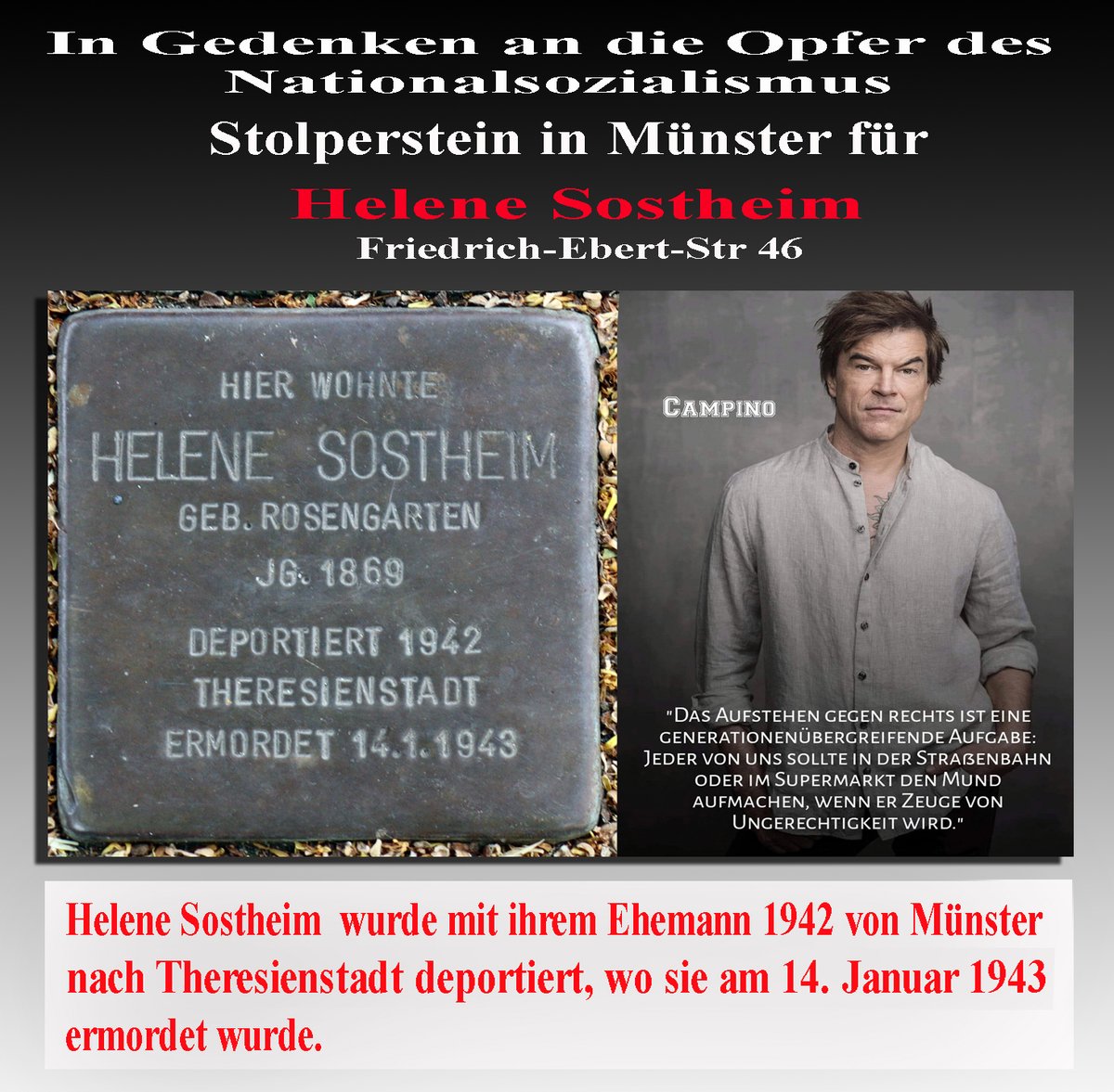 #Münster. Der tägliche Stolperstein gegen das Vergessen:  Helene Sostheim #Antisemitismus #Stolpersteine #NieWieder #Niewiederistjetzt #Holocaust #Theresienstadt #noNazis  #noAfD  #AfDVerbotjetzt #wirsindmehr
Mehr zum Schicksal des Nazi-Opfers hier:
muenstertube.wordpress.com/2024/07/21/in-…