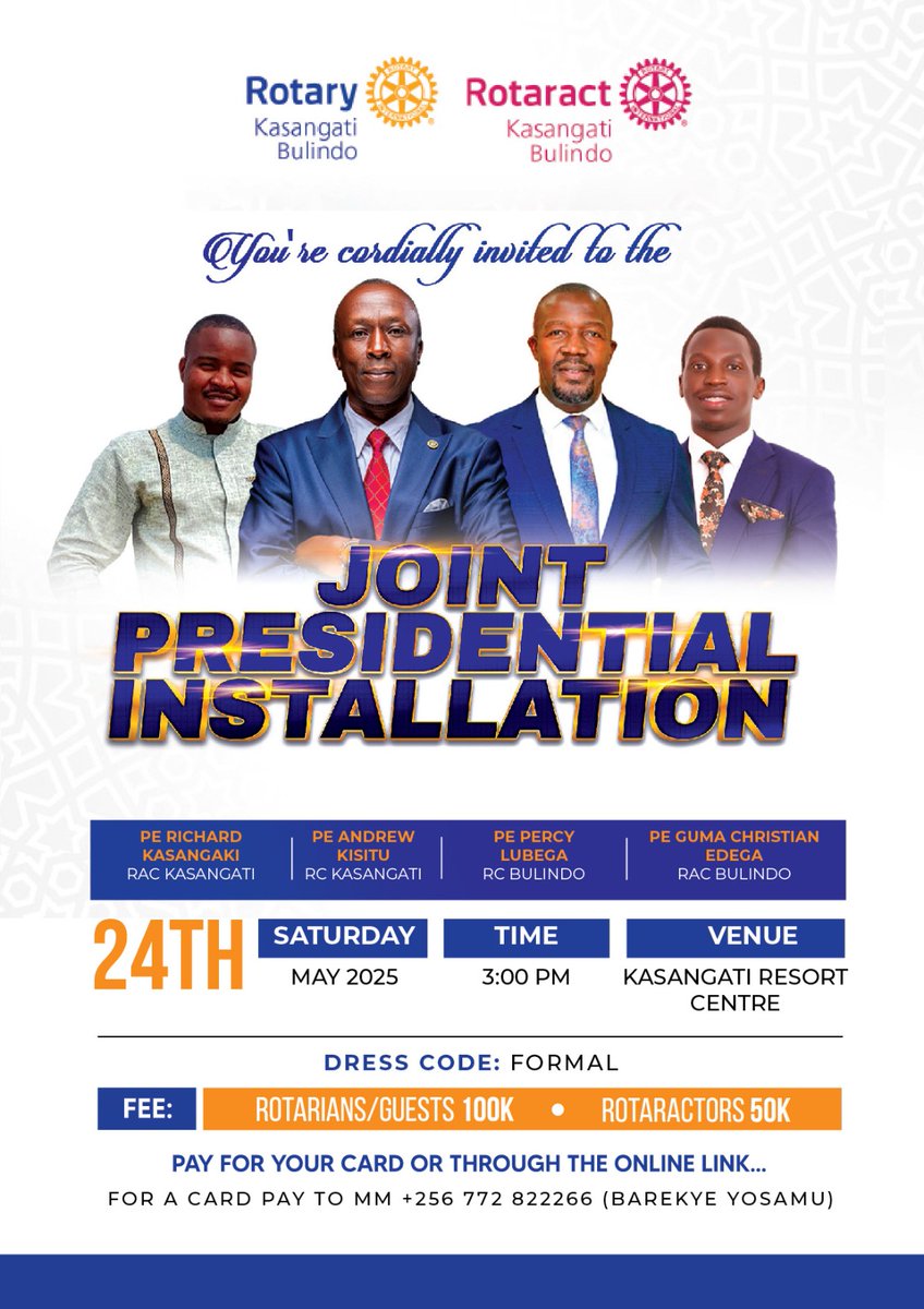 Peace Brand Moma (@peace_mindra) on Twitter photo Join us at the <a href="/RCkasangati/">Rotary Club of Kasangati</a> as we eagerly prepare to celebrate our 25th Club President on May 24th, 2025, at the Kasangati Resort Centre! Tickets are available for 100K for Rotarians and guests and 50K for Rotaractors. Don’t miss out on this special occasion! Join us at the <a href="/RCkasangati/">Rotary Club of Kasangati</a> as we eagerly prepare to celebrate our 25th Club President on May 24th, 2025, at the Kasangati Resort Centre! Tickets are available for 100K for Rotarians and guests and 50K for Rotaractors. Don’t miss out on this special occasion!