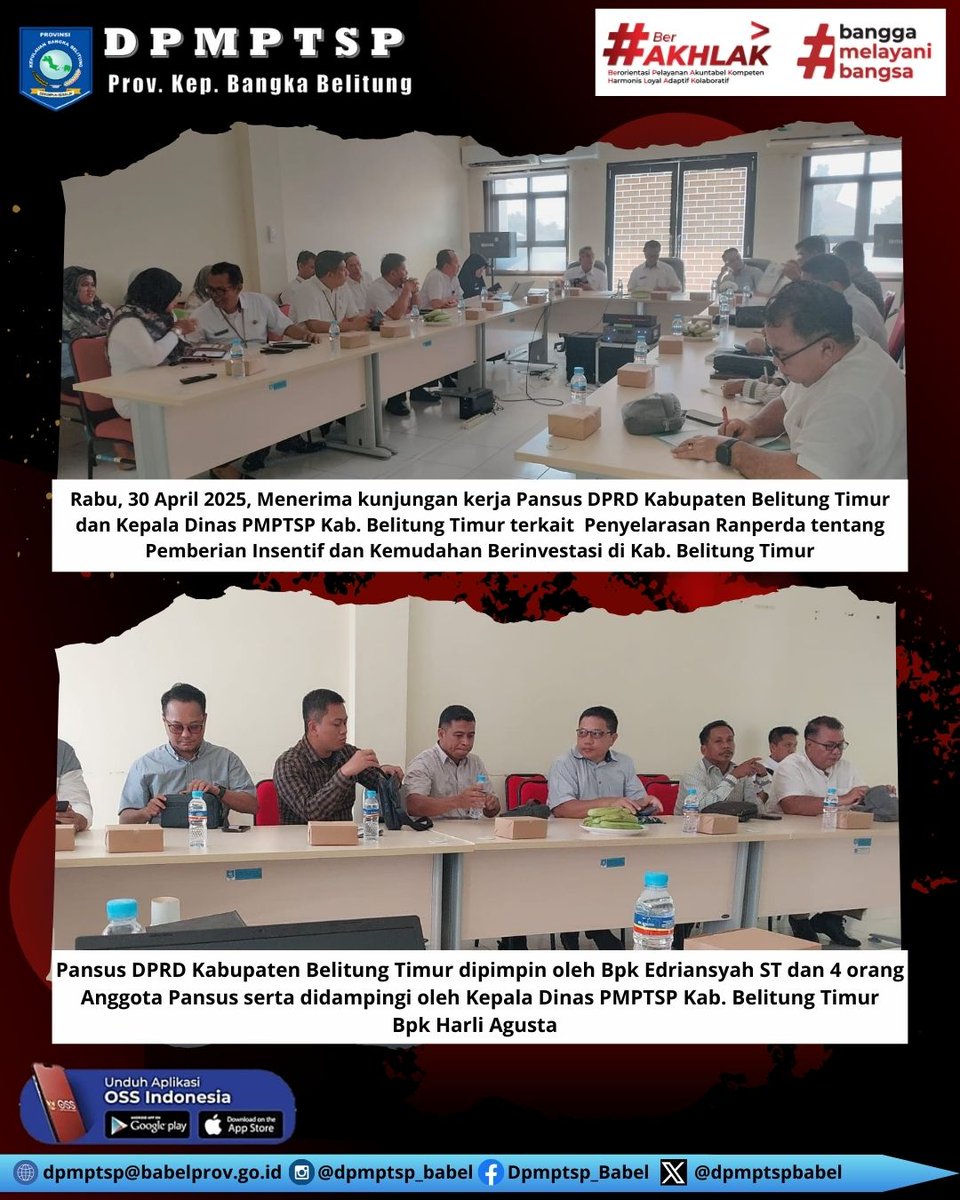 dpmptspbabel's tweet photo. DPMPTSP, 30 April 2025, Menerima kunjungan kerja Pansus DPRD Kabupaten Belitung Timur dan Kepala Dinas PMPTSP Kab. Belitung Timur terkait Penyelarasan Ranperda tentang Pemberian Insentif dan Kemudahan Berinvestasi di Kab. Belitung Timur. https://t.co/nTxElY1dOT