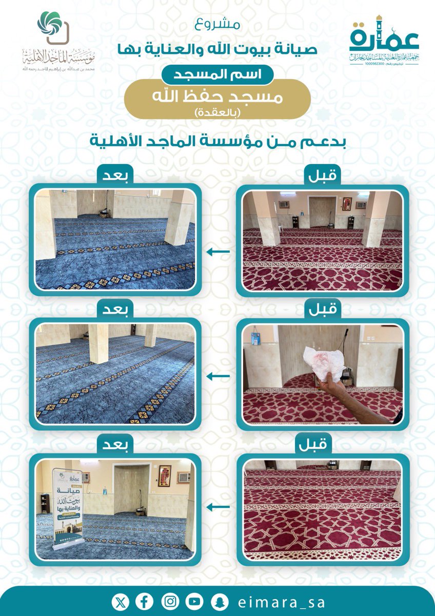 بفضل الله تعالى ثم بدعم مؤسسة الماجد الأهلية
قامت #جمعية_عمارة_للعناية_بالمساجد_بجازان
بإستبدال السجاد لـ
🕌 جامع الخير الجديد بقرية أبو كرش
🕌 مسجد حفظ الله حكمي بقرية العقدة
نسأل الله أن يجعل ما قدموا في موازين حسناتهم