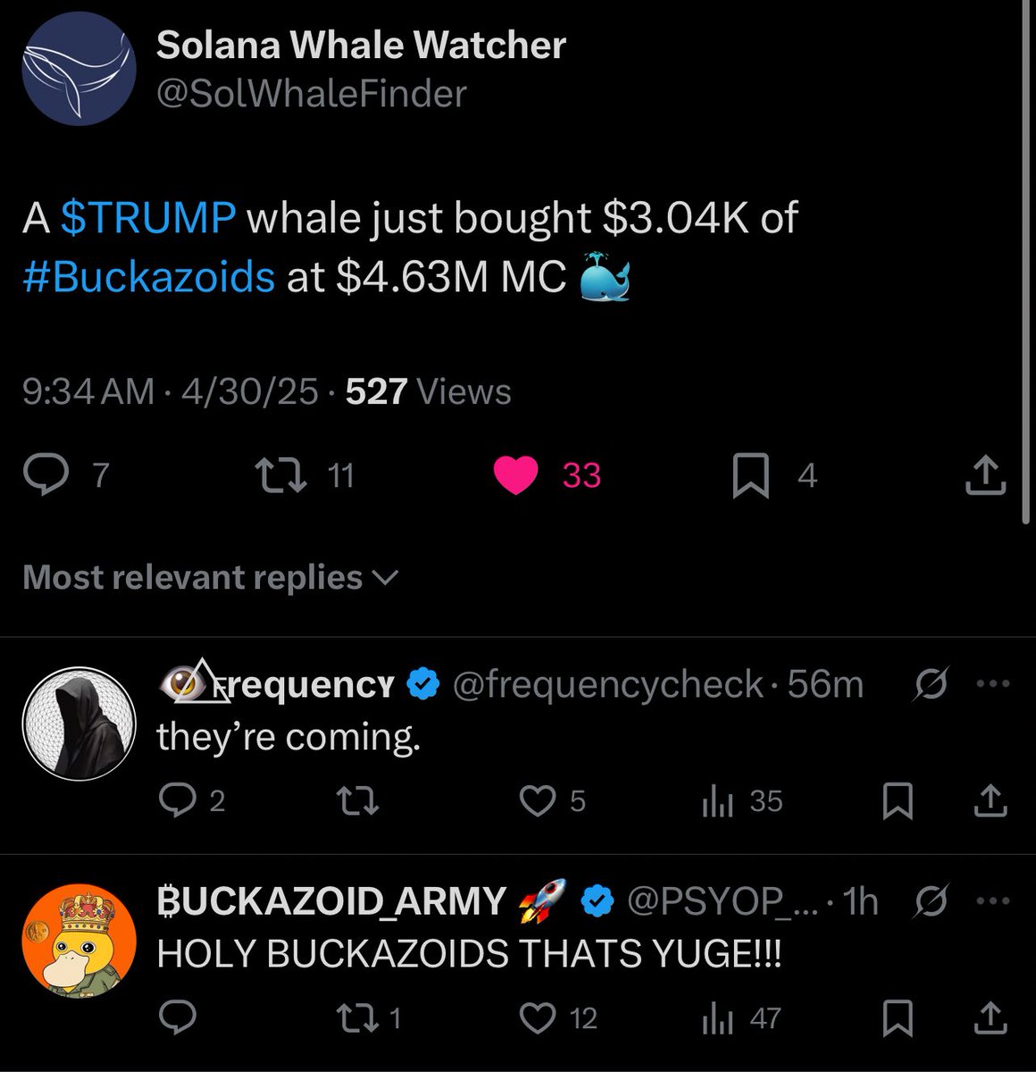 CryptoPlaysX's tweet photo. Whales don’t play when they move, you follow. #Buckazoids isn’t just another token, it’s becoming a target for the big players. The quiet accumulation phase might be ending. Blink and you’ll miss it https://t.co/7qADyHbv1d