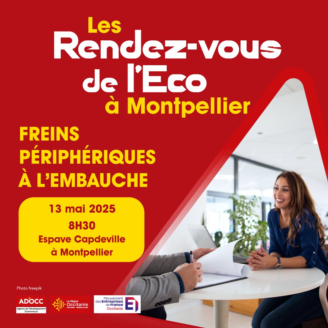#Hérault La Région <a href="/Occitanie/">Région Occitanie</a> et le <a href="/MedefOccitanie/">Mouvement des Entreprises de France Occitanie</a> vous proposent un nouveau rendez-vous #RH, dédié aux freins périphériques à l'embauche.
📍 Le 13 mai à l'espace Capdeville
🖊️ inscription : framaforms.org/les-rendez-vou…