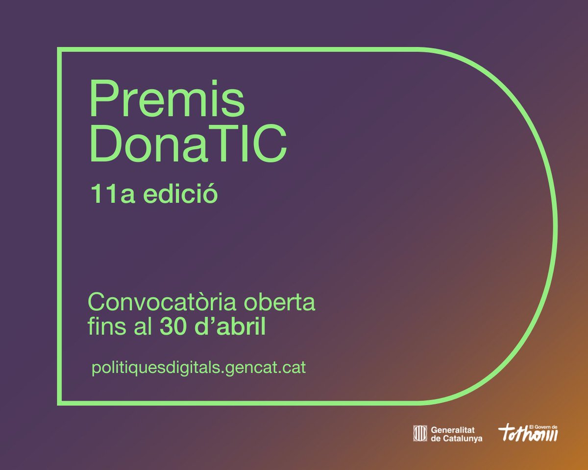 🚨 Últimes hores per fer història amb els #PremisDonaTIC

👩💻 Si ets una dona referent en tecnologia o en coneixes una… aquest és el moment

📆 Tens fins a les 14 h per presentar la candidatura!

✍️ gen.cat/3Vl1aJa

ℹ️ gen.cat/43RRrPd