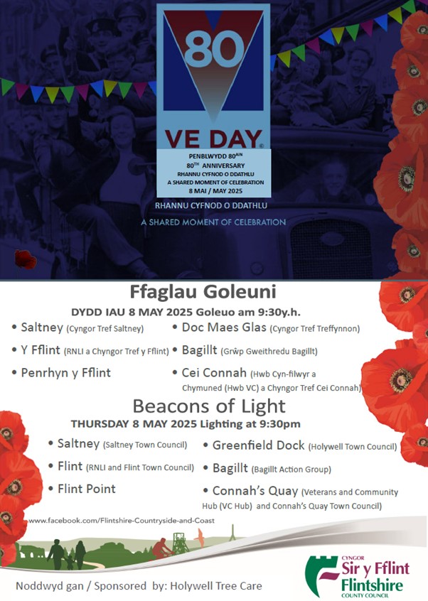 Ymunwch â ni ar gyfer Pen-blwydd 80 oed Diwrnod VE 'Ffaglau Goleuni''. 

Join us for 'Beacons of Light' VE Day 80th Anniversary. 

 #VEDay #80thAnniversary #BeaconsOfLight #CommunityEvent #Remembrance #FlintshireCountrysideandCoast #GreenfieldValley