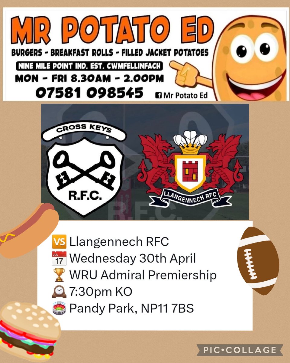 <a href="/MrPotatoEd2/">Mr Potato Ed</a> will be at Pandy Park this evening for <a href="/crosskeysrfc/">Cross Keys RFC</a> v <a href="/RFCLlangennech/">Llangennech RFC</a>