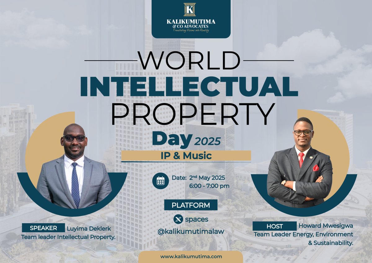 Kalikumutima & Co Advocates (@kalikumutimalaw) on Twitter photo ⏰One day left!
Join us this Friday for an X space discussion on intellectual property and music.
🗣️Panellist: <a href="/deklerkld/">De-klerk Luyiimah</a> , Team leader – Intellectual Property at Kalikumutima &Co. Advocates
🎤Host : <a href="/HowardMwesigwa/">Howard Mwesigwa</a>
⌚6pm
🎙️Space link:x.com/i/spaces/1mnxe…
<a href="/URSBHQ/">Uganda Registration Services Bureau</a> <a href="/IamApass/">A Pass</a> ⏰One day left!
Join us this Friday for an X space discussion on intellectual property and music.
🗣️Panellist: <a href="/deklerkld/">De-klerk Luyiimah</a> , Team leader – Intellectual Property at Kalikumutima &Co. Advocates
🎤Host : <a href="/HowardMwesigwa/">Howard Mwesigwa</a>
⌚6pm
🎙️Space link:x.com/i/spaces/1mnxe…
<a href="/URSBHQ/">Uganda Registration Services Bureau</a> <a href="/IamApass/">A Pass</a>