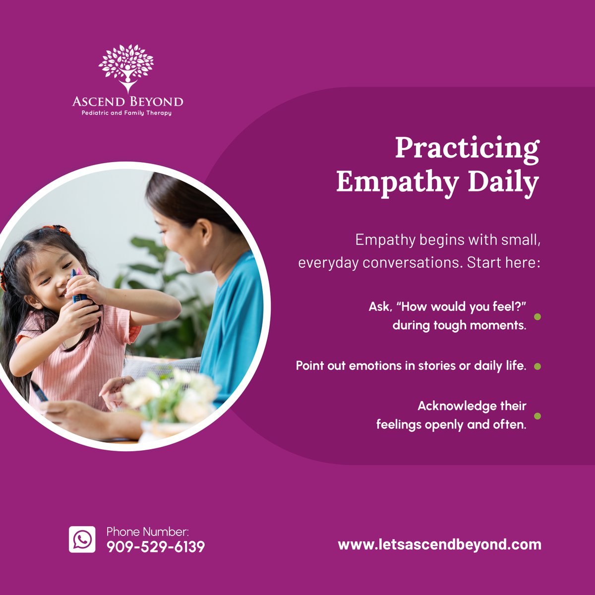 ascendbeyondus's tweet photo. Empathy can be nurtured early and naturally. These daily habits help children connect with others and grow emotionally. Want more strategies like this? Our therapists are here to support your family.

#PediatricTherapy #RiversideCA #EmotionalDevelopment https://t.co/RQCOknsPMw