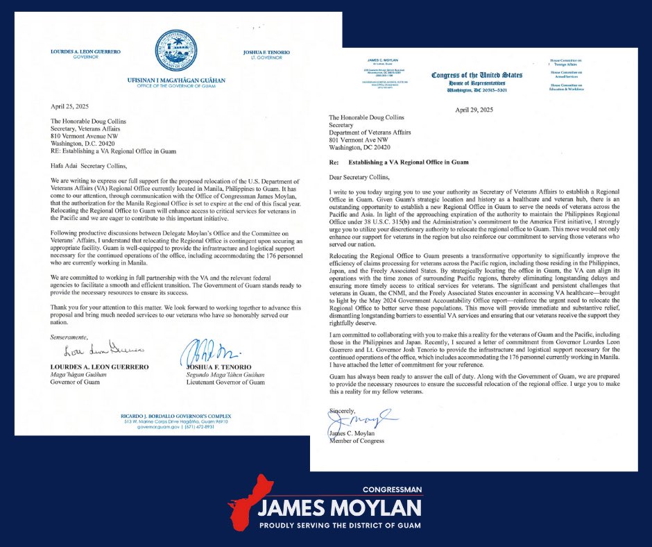 To ensure local veterans have access to quality care in Guam, I wrote to VA Secretary Doug Collin’s asking him to relocate the VA Regional office from Manila to Guam. We will never stop fighting for our veterans!