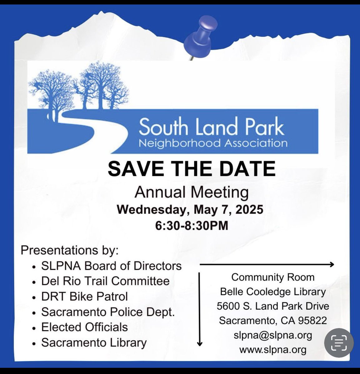 South Land Park (@solandparkassn) on Twitter photo Join elected officials, community leaders, <a href="/SacPolice/">Sacramento Police Department</a> and agency reps for an informative meeting on May 7 at Belle Cooledge Library.
#Sacramento
#Community
<a href="/SacPDSouth/">SacPD South Command</a>
<a href="/saclib/">Sacramento Public Library</a> Join elected officials, community leaders, <a href="/SacPolice/">Sacramento Police Department</a> and agency reps for an informative meeting on May 7 at Belle Cooledge Library.
#Sacramento
#Community
<a href="/SacPDSouth/">SacPD South Command</a>
<a href="/saclib/">Sacramento Public Library</a>