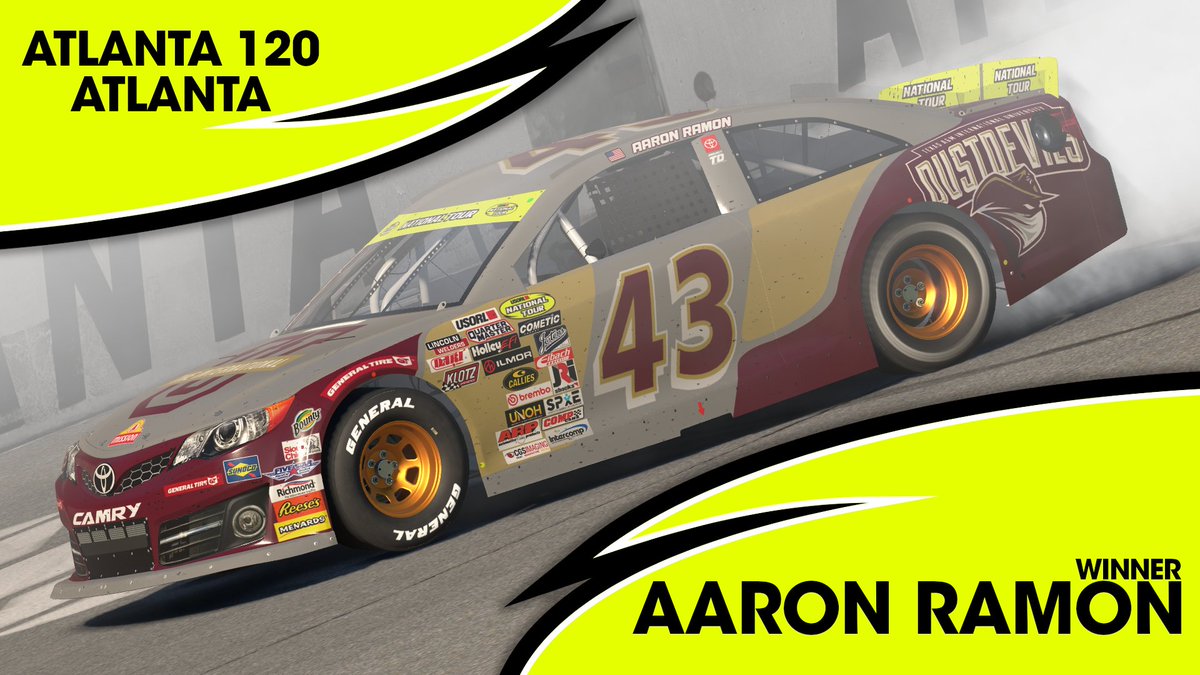 USORL_iRacing's tweet photo. Aaron Ramon puts himself in the right position and takes the checkered flag at Atlanta, after pit strategy and a long run to the end gets turned upside down by a late race caution! https://t.co/kBMgtH6yYD