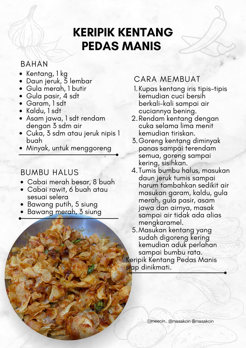 Resep Keripik Kentang Pedas Manis𓐐𓎩 
dan tips supaya kentang tetap renyah.