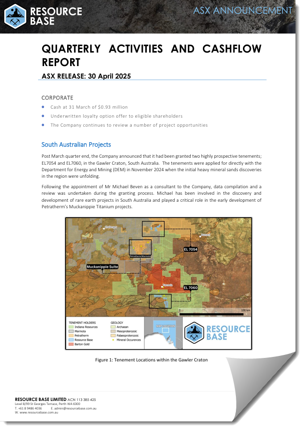 ResourceBaseLtd's tweet photo. We're pleased to release our March 2025 Quarterly Activities and Cashflow Report to shareholders — read it here:  https://t.co/3DYjTu6u72

#RBX #ResourceBase #ASXNews https://t.co/HzOVIKXWwB