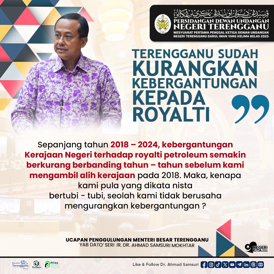 DrAhmadSamsuri's tweet photo. Kerajaan Negeri Terengganu kini semakin kurang kebergantungan terhadap hasil royalti petroleum berbanding pentadbiran sebelum tahun 2018.

Oleh itu, adalah tidak wajar untuk menyatakan bahawa kami tidak mempunyai inisiatif sendiri dalam usaha meningkatkan pendapatan negeri. https://t.co/fW68Ff1AxK