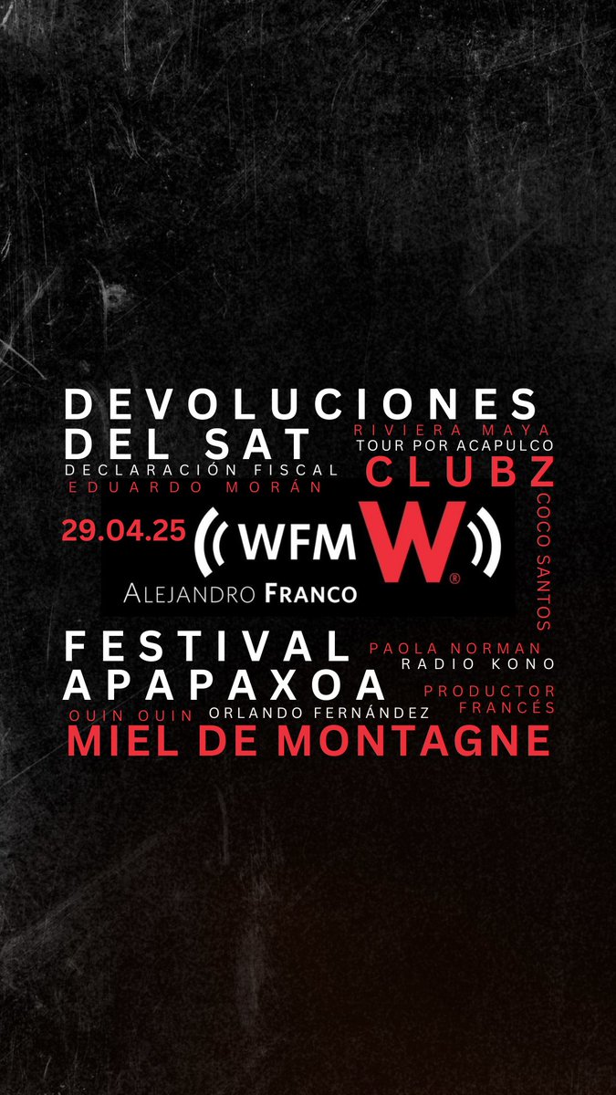 Martes 29 de abril en #WFMWRadio con <a href="/AlejandroFranco/">Alejandro Franco</a> y así suena nuestra emisión de hoy junto a:

<a href="/PaolaNorman/">Paola Norman</a> , <a href="/CLUBZCLUBZ/">CLUBZ</a> , <a href="/mieldemontagne/">Emma Lambert</a> y mucho más:

Ya al aire.